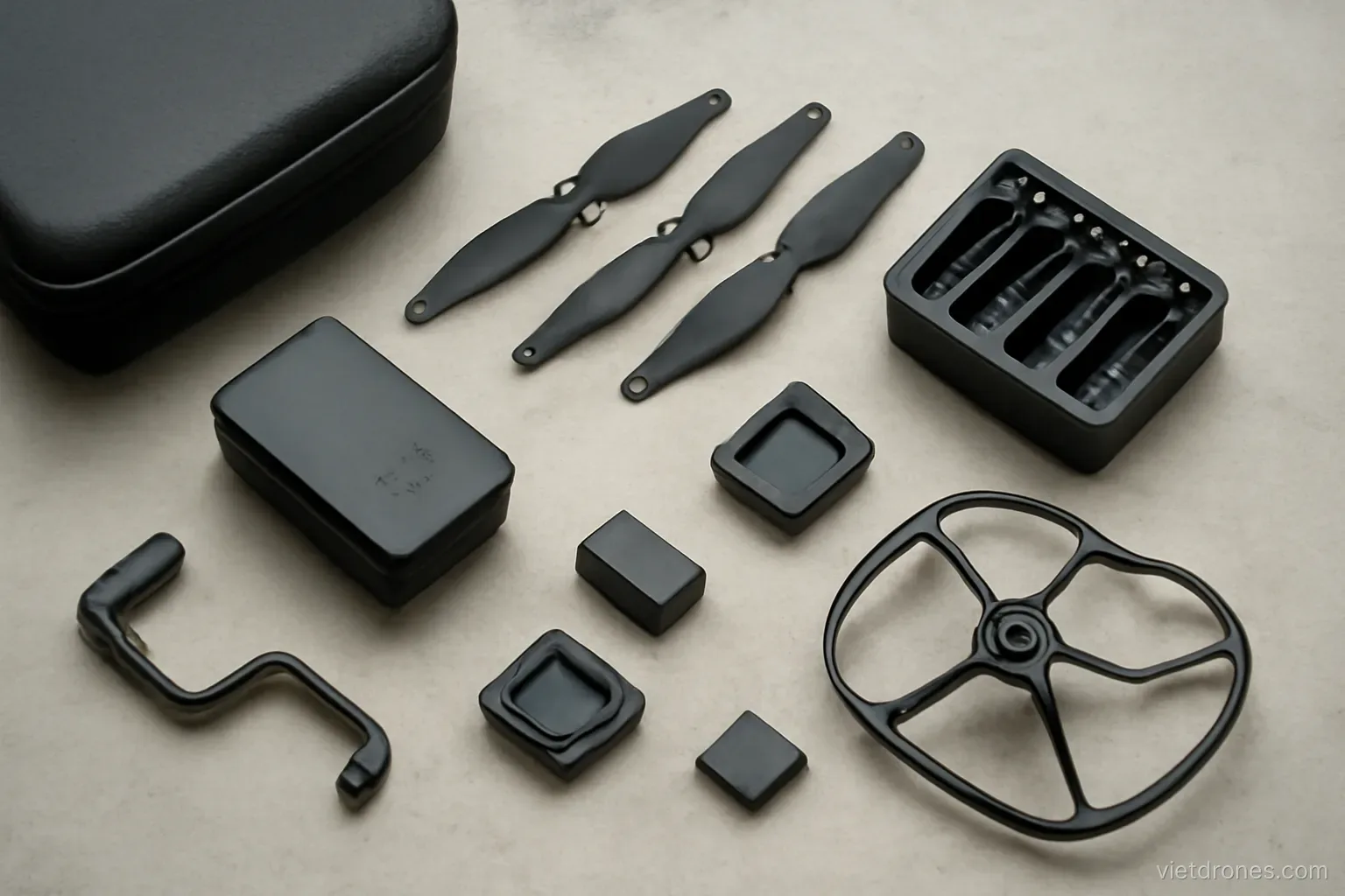 An assortment of drone accessories on a table