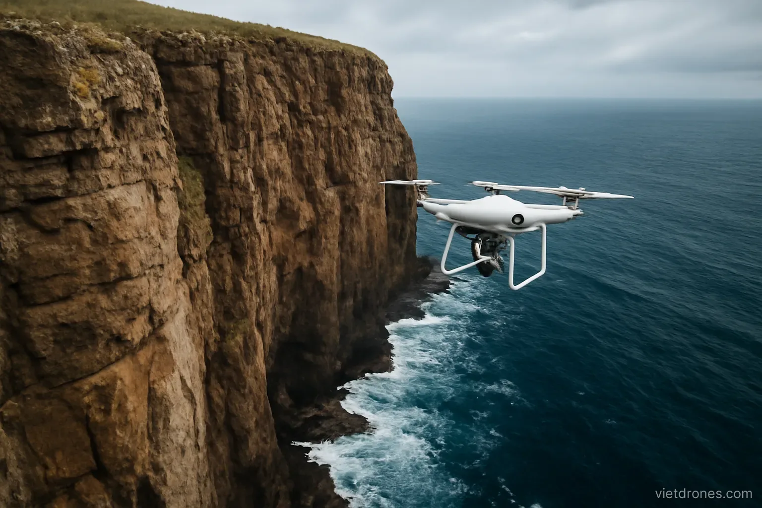 A drone descending along a cliff face above the sea