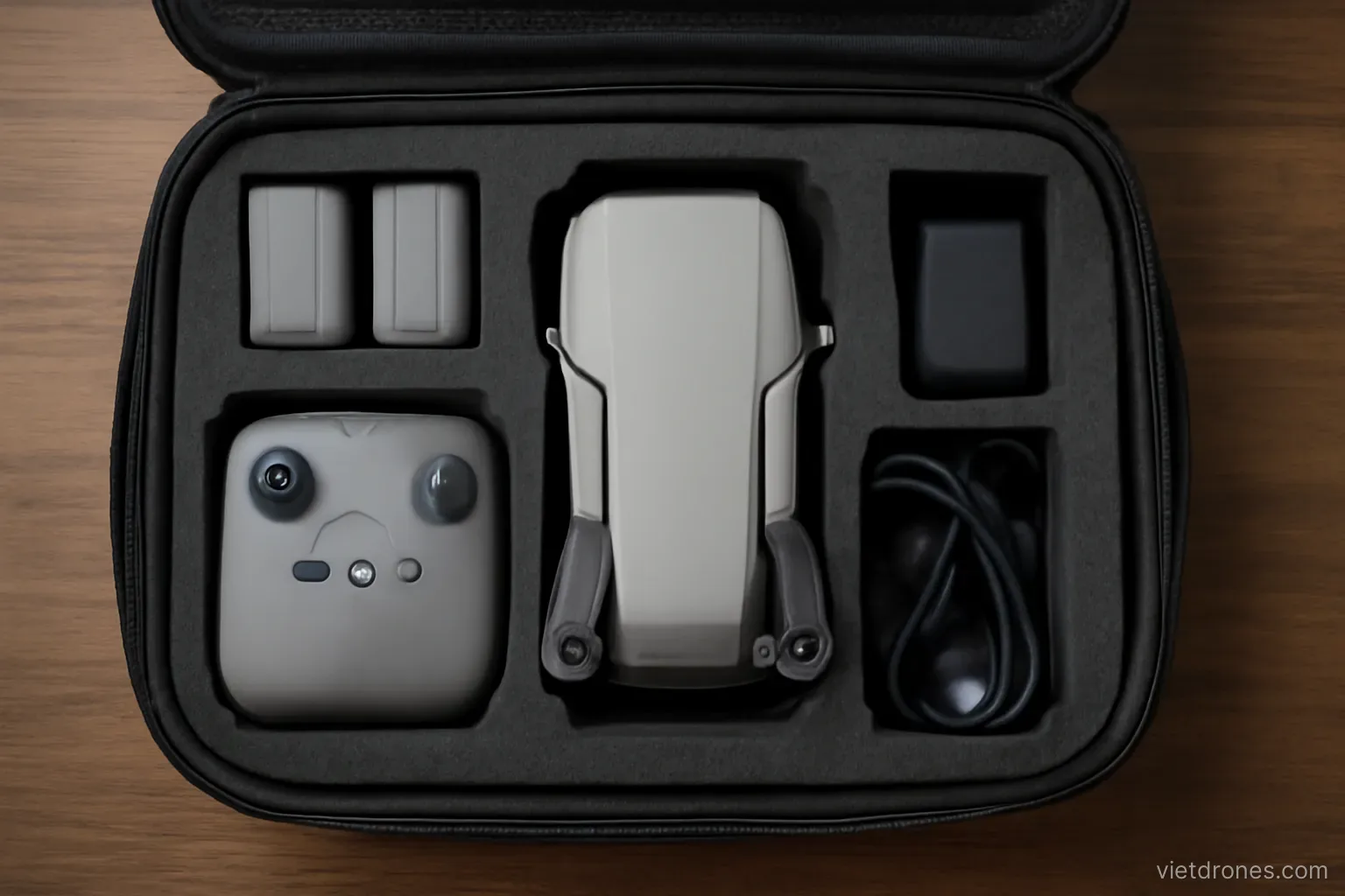 An open drone bag showing organised compartments