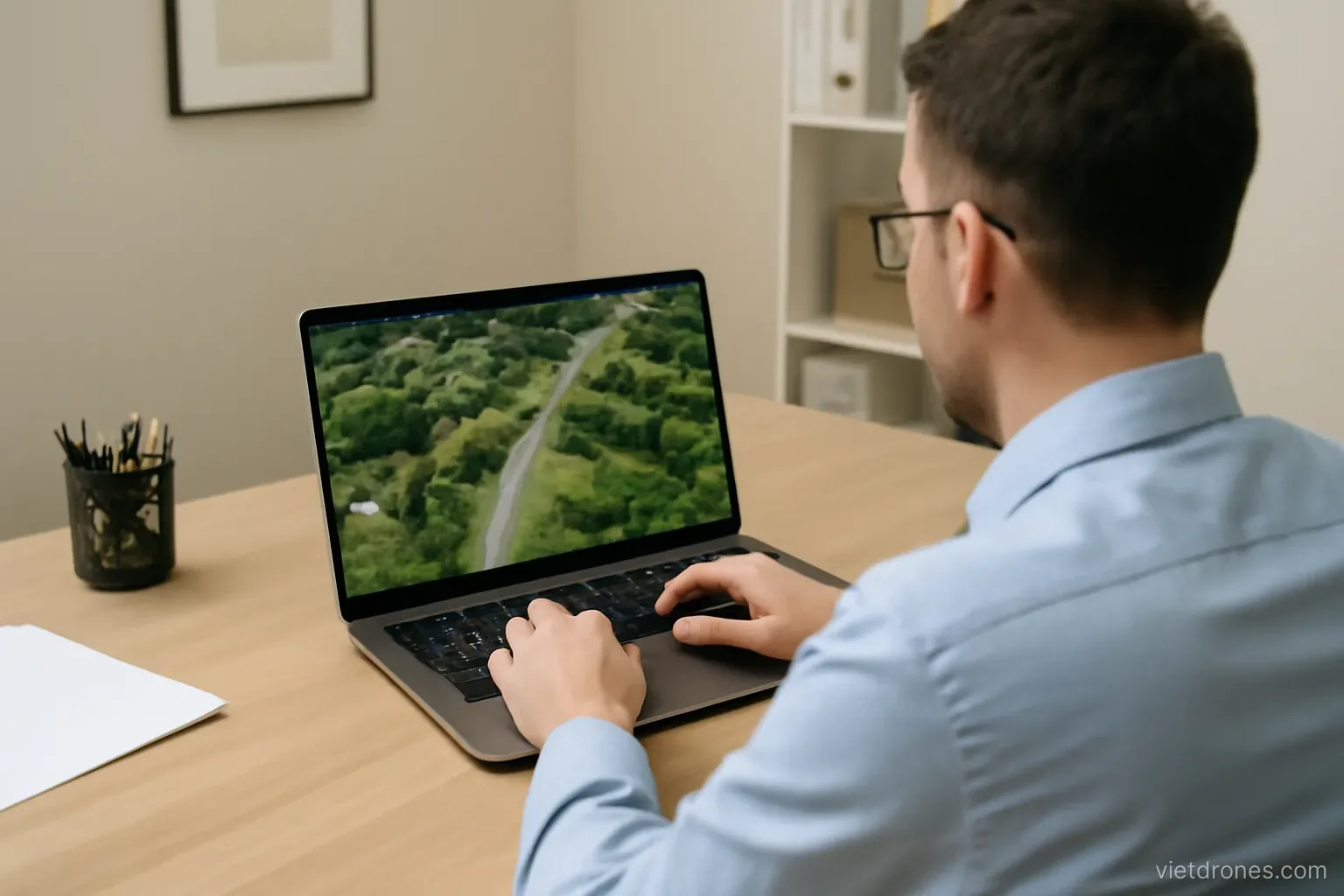 A drone operator reviewing footage on a laptop in an office