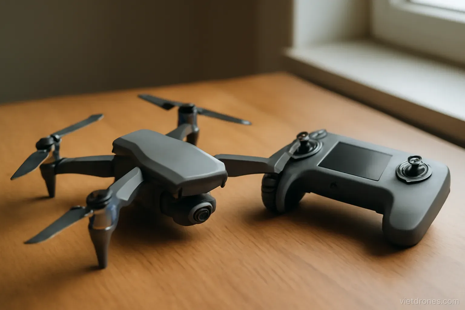 A compact folding drone resting on a wooden table