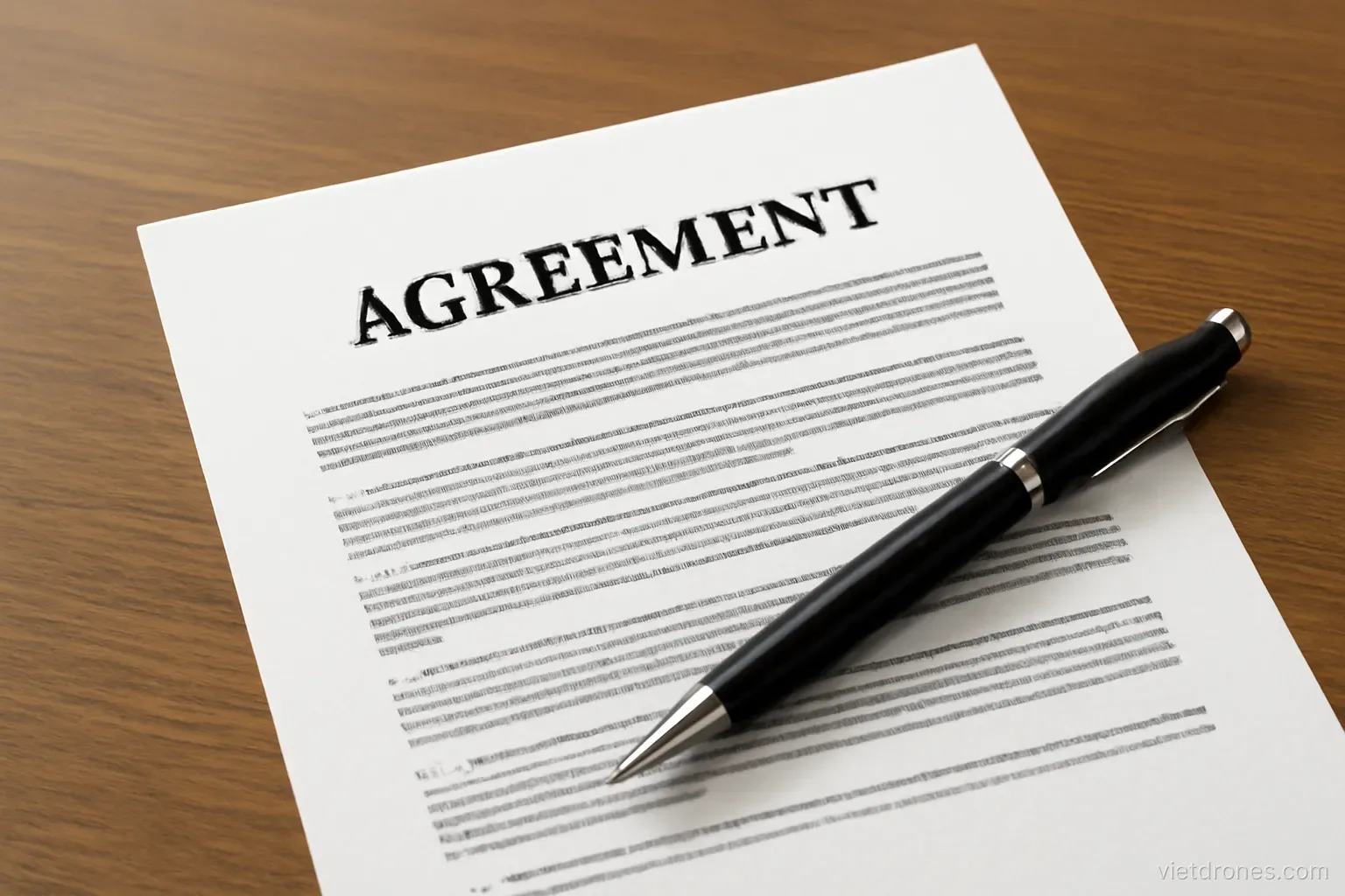 A signed agreement on a desk with a pen