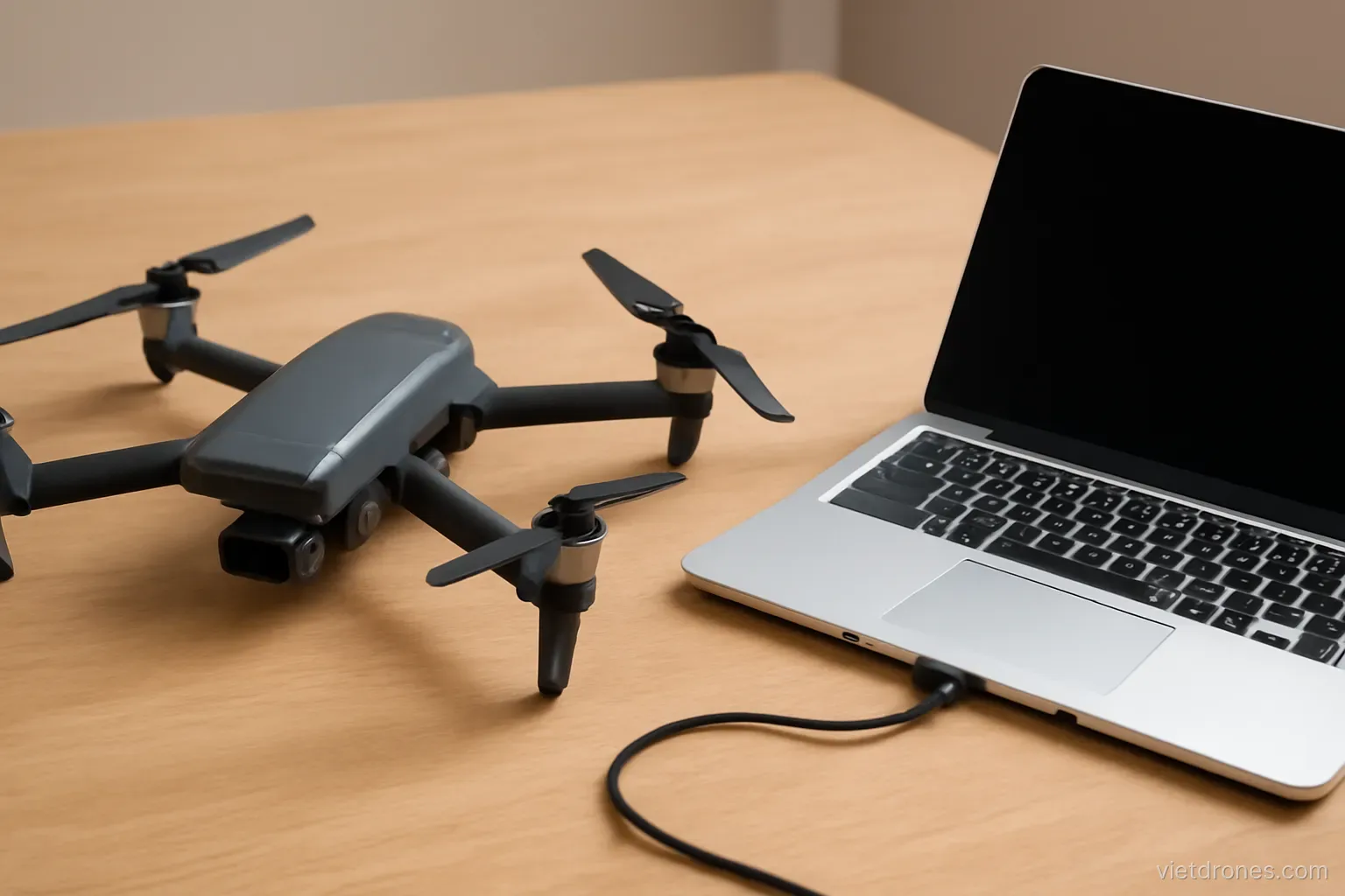 A drone connected to a laptop for diagnostics
