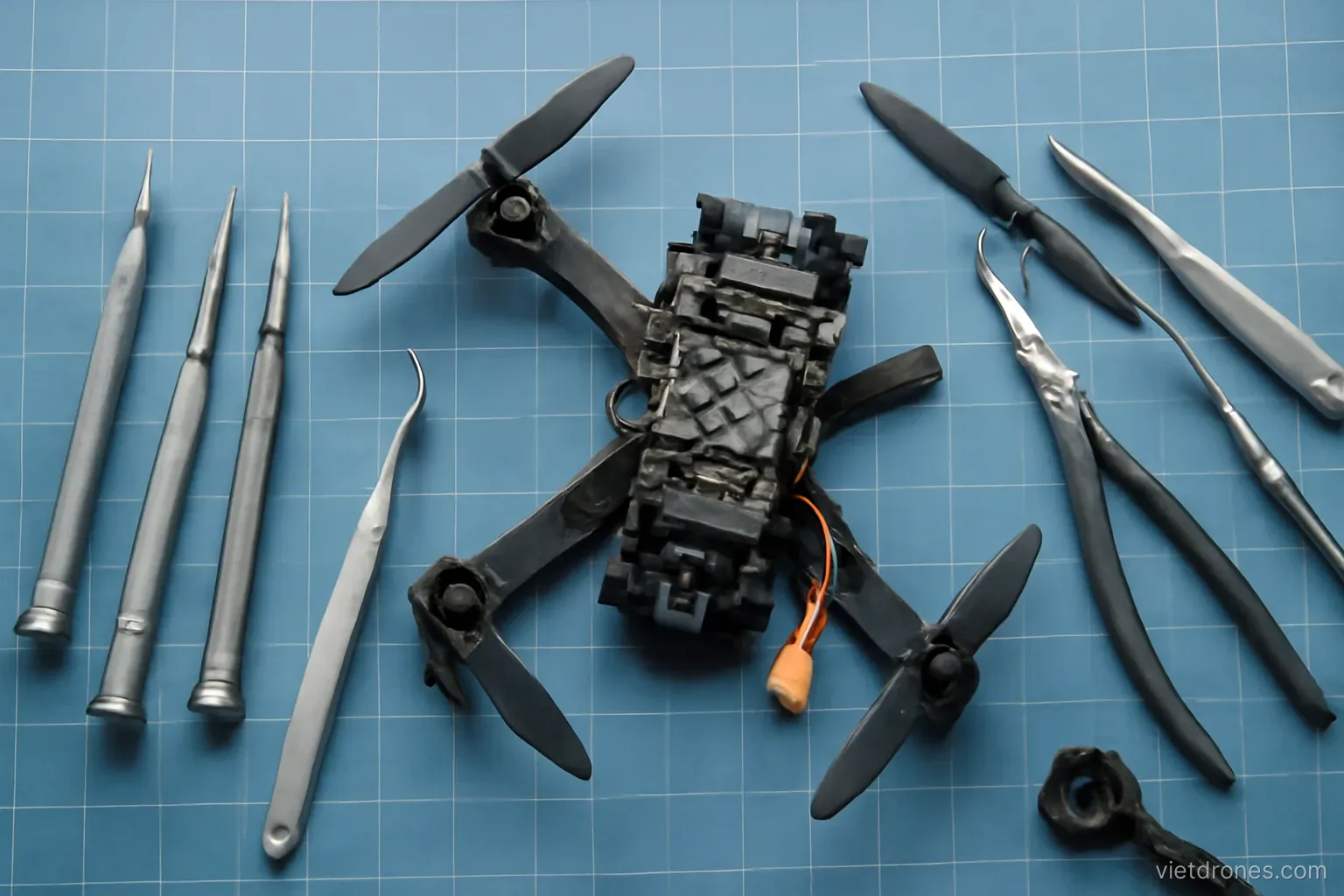 Small tools and a partly disassembled drone on a mat