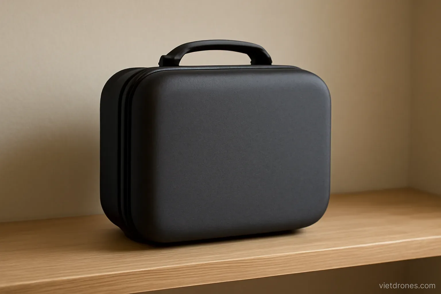 A drone case sitting closed on a shelf