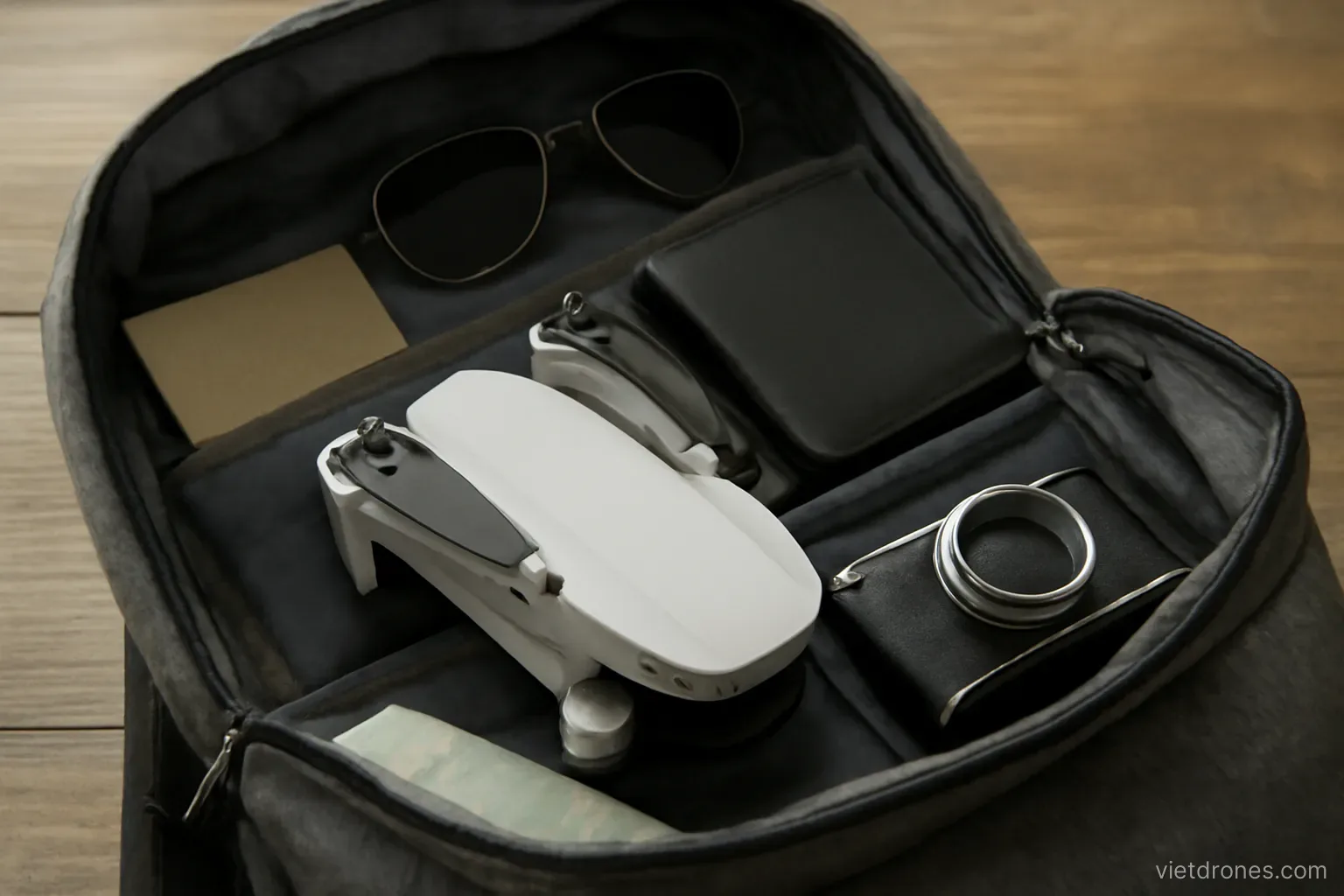 A drone packed in a backpack with travel gear