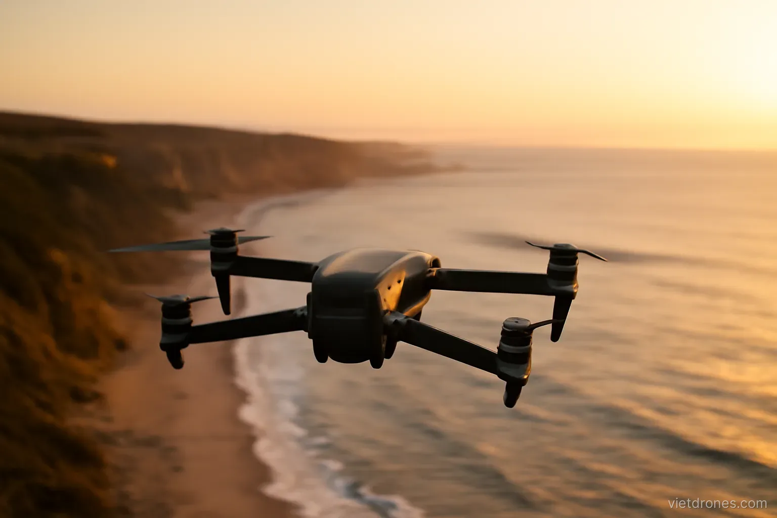 A drone flying slowly above a coastal landscape