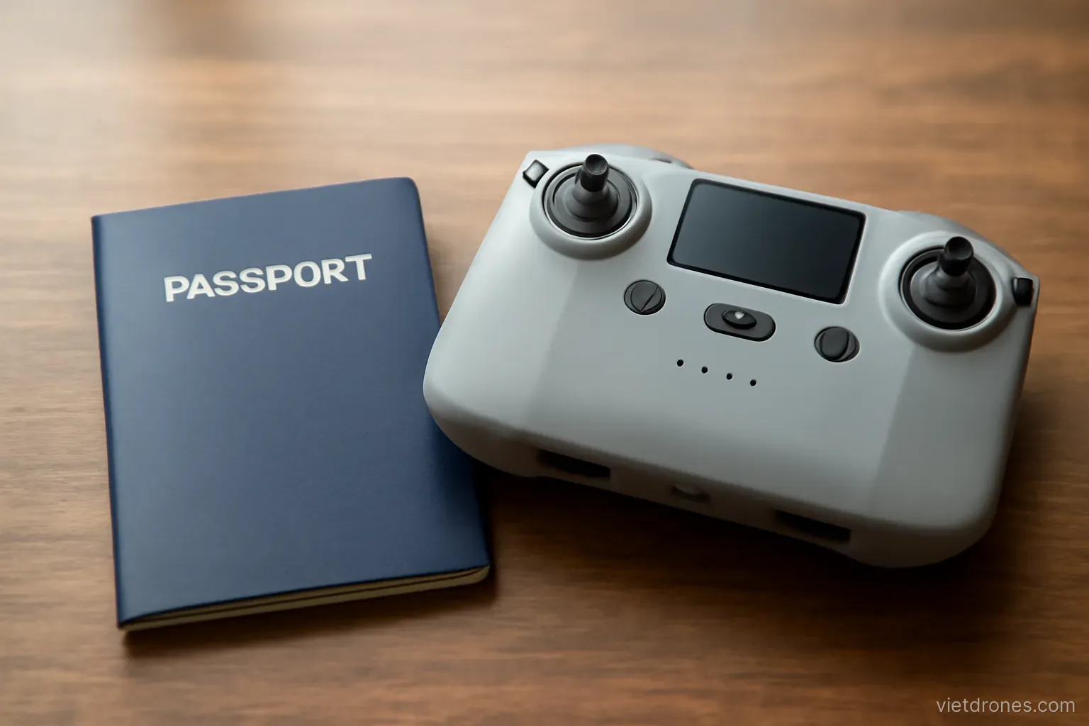 A passport and drone controller on a table before a trip