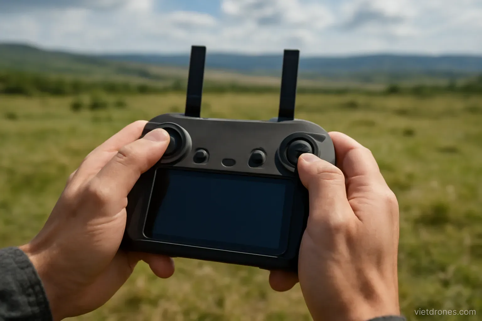 Hands holding a drone controller against an open landscape