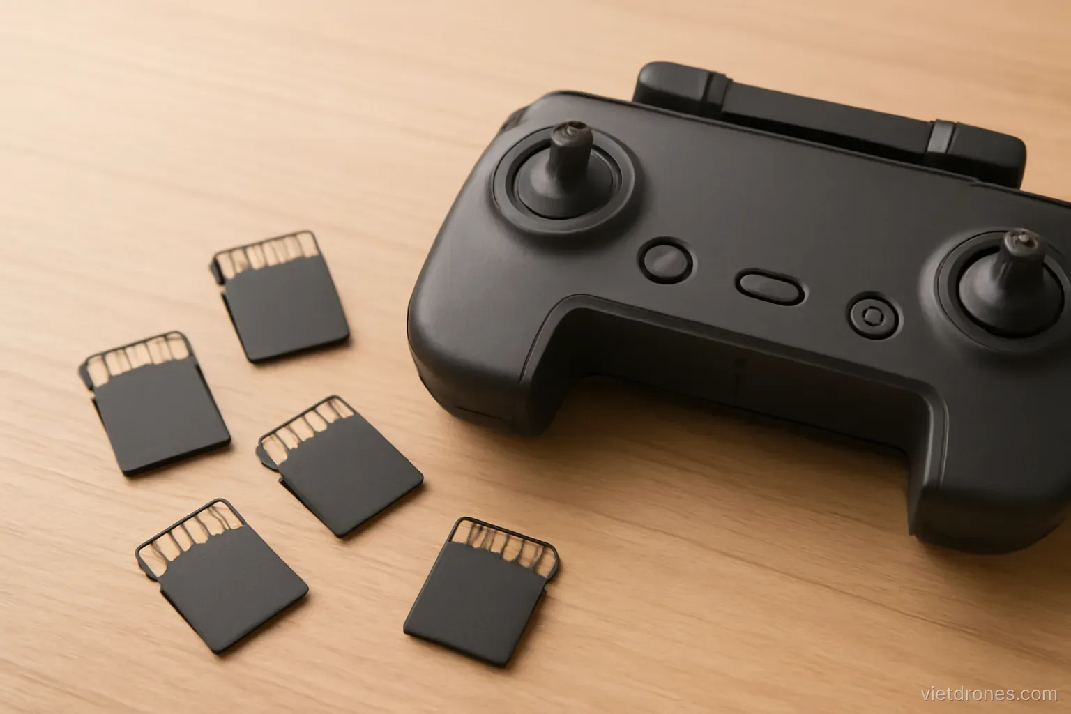 Memory cards next to a drone controller