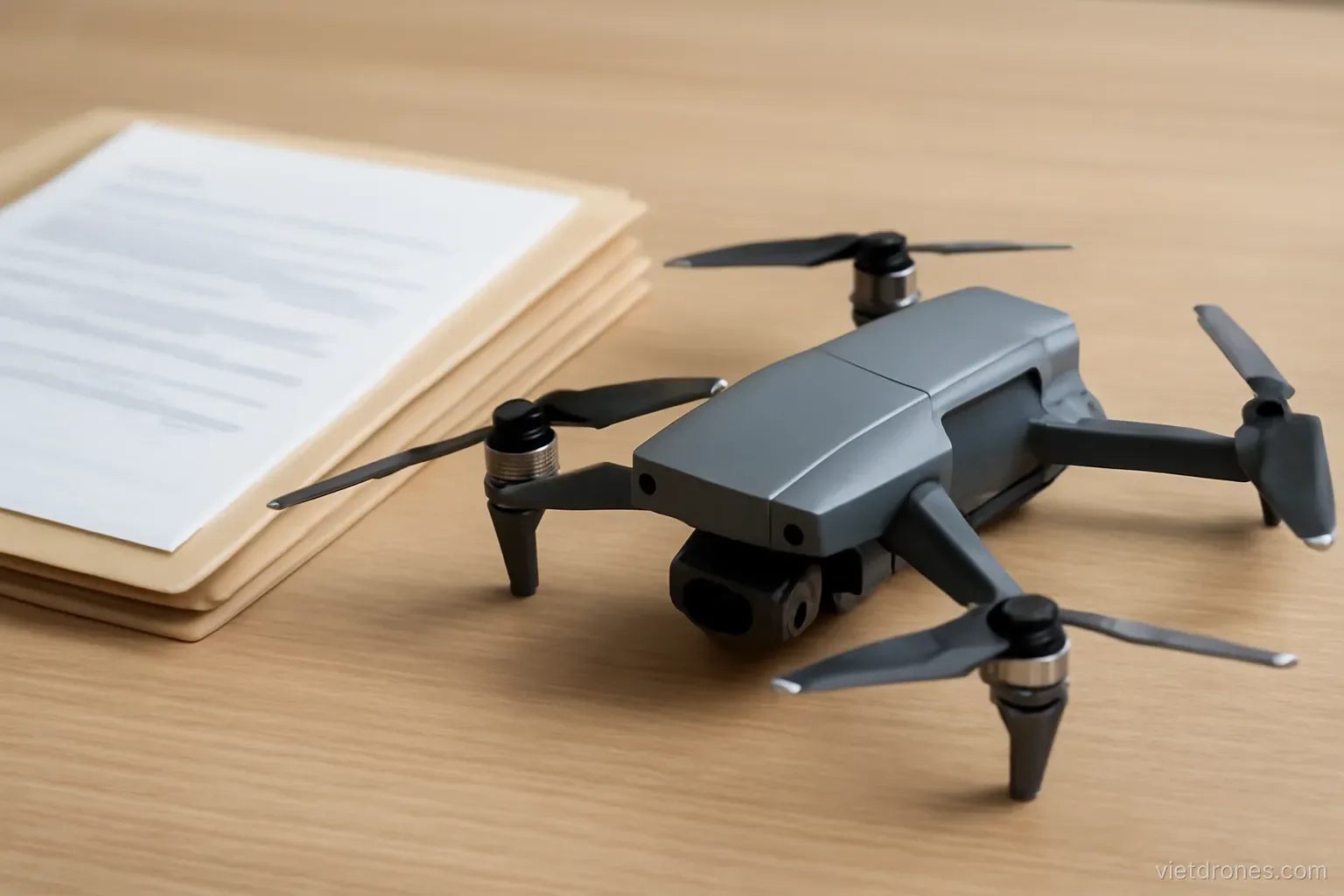 A drone beside insurance paperwork on a desk
