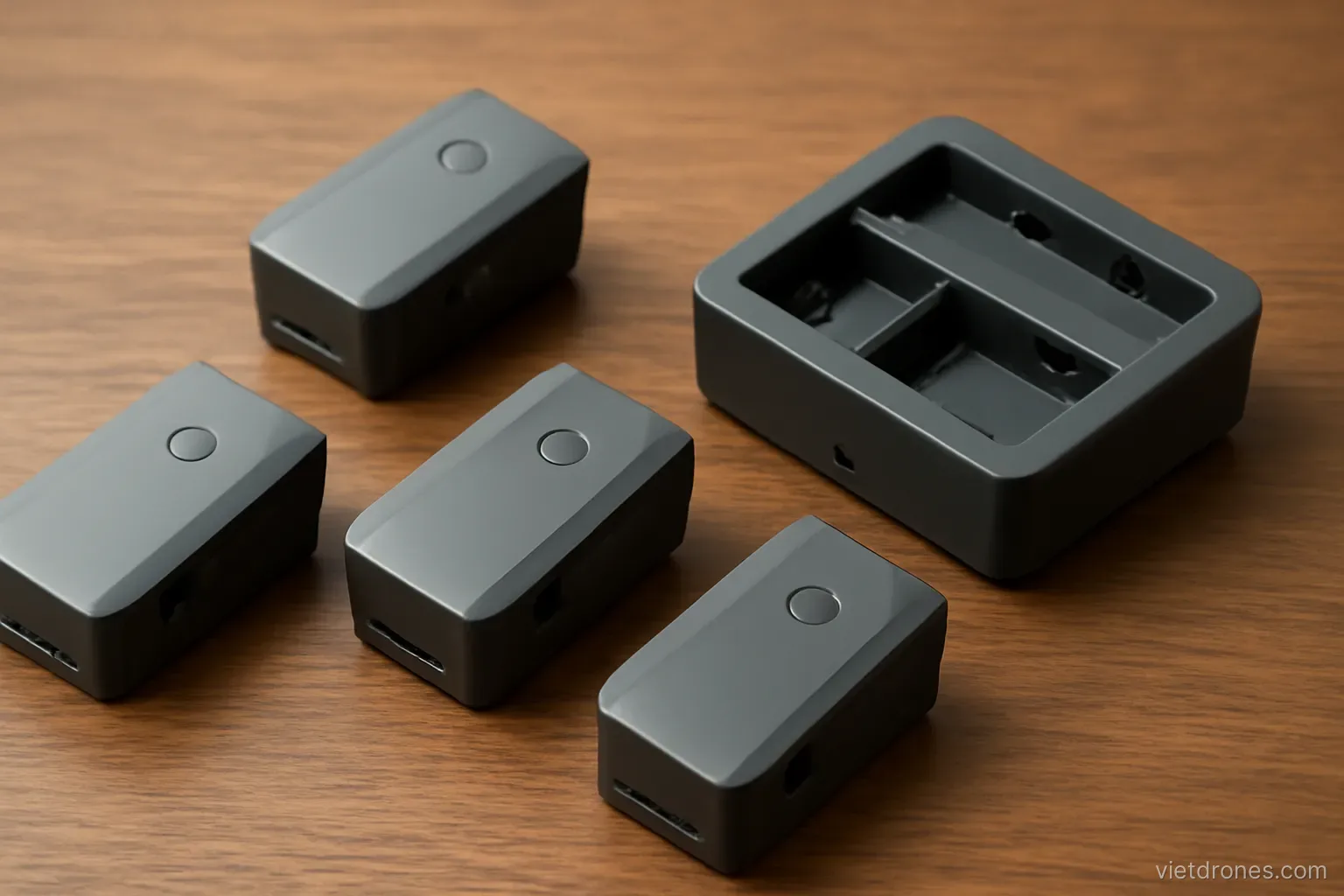 Drone batteries arranged beside a charging hub