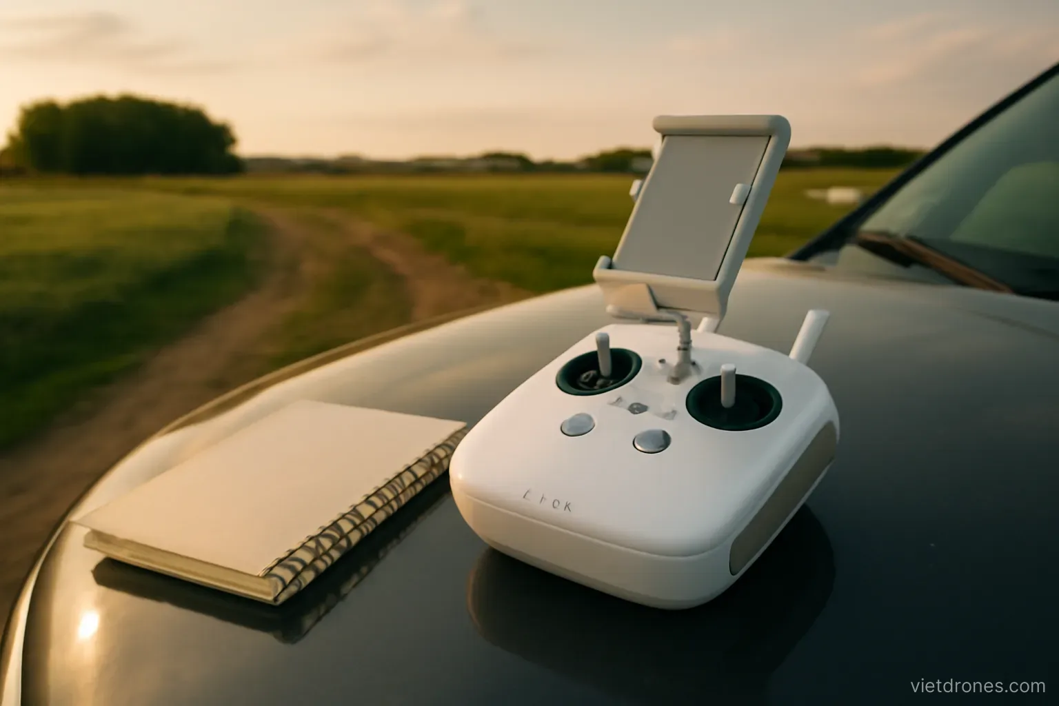 A notebook and drone controller on a car bonnet outdoors