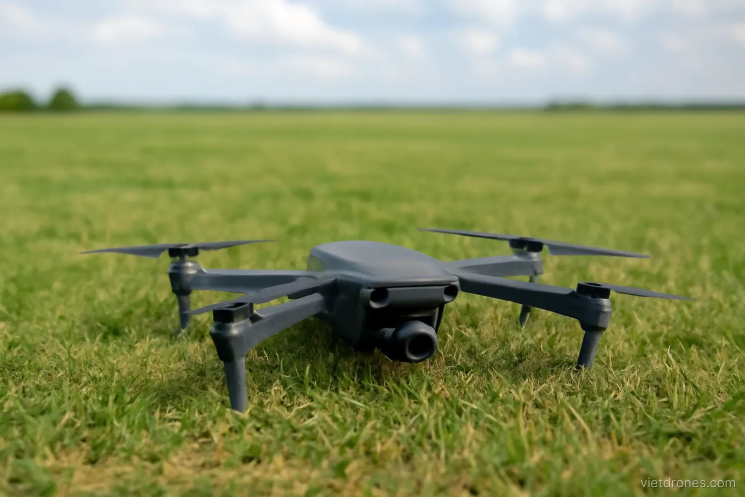 A drone on the ground before take-off in an open field