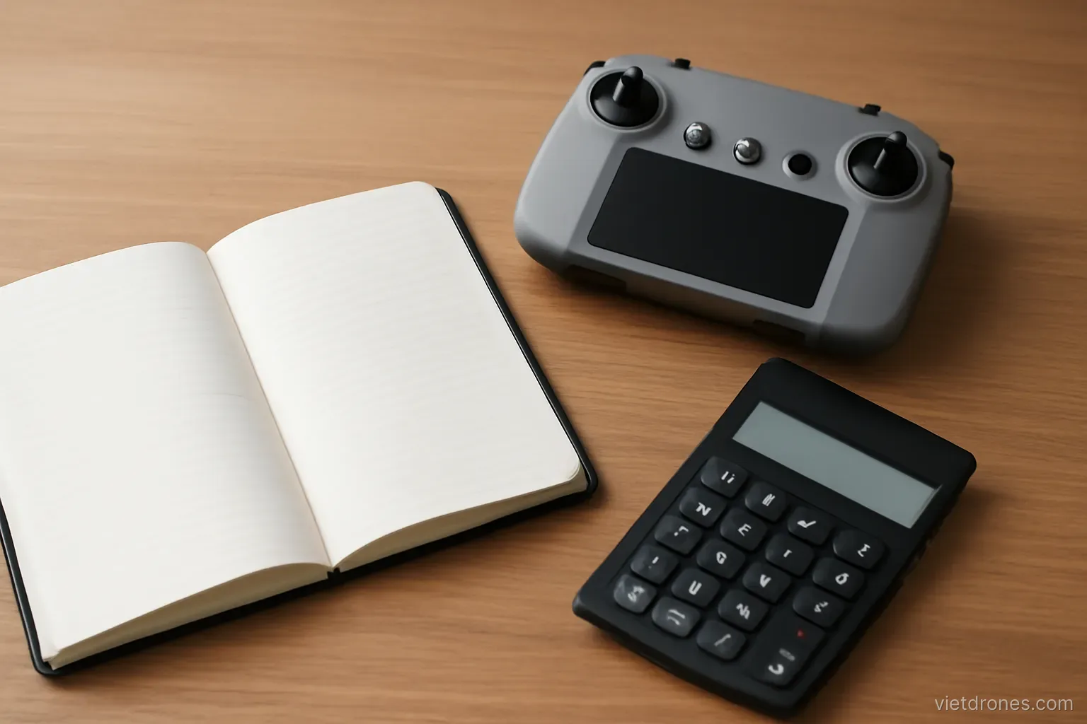 A calculator and notebook beside a drone controller