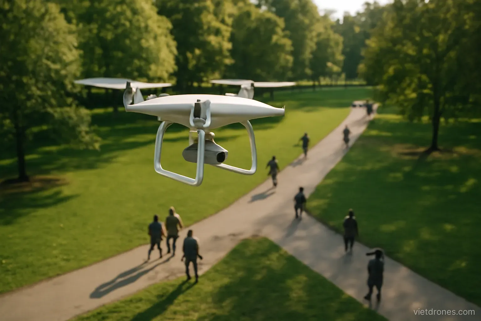 A drone flying above a public park with people below