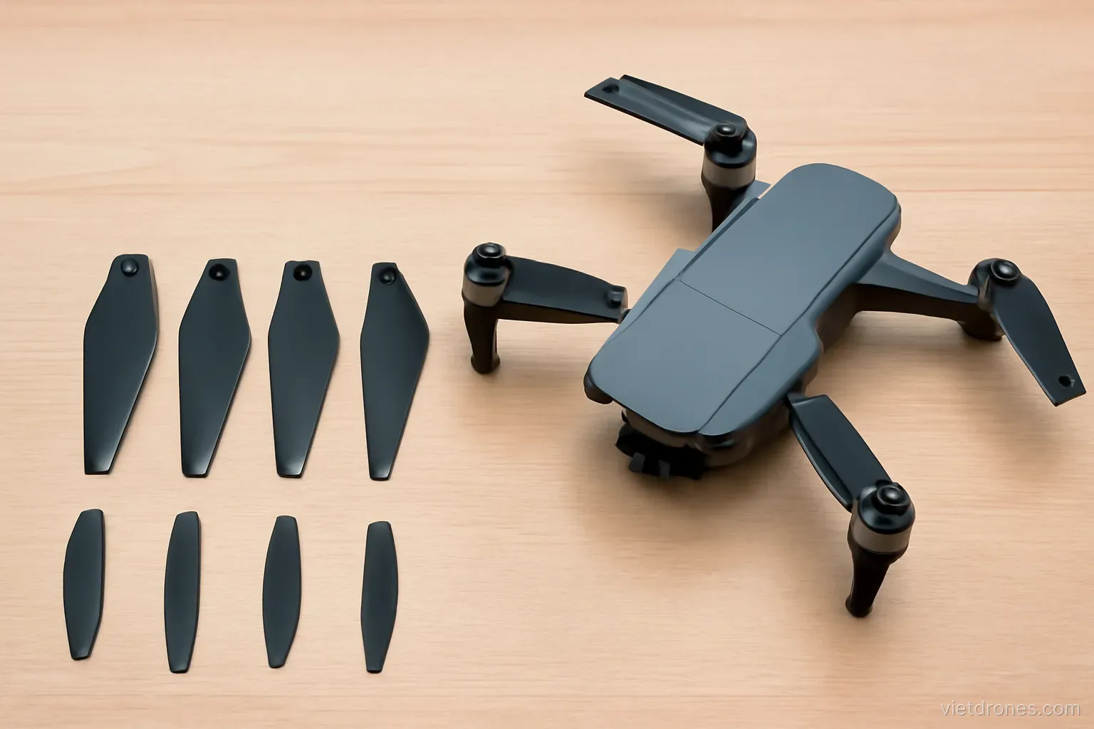 Spare propellers laid out beside a small drone