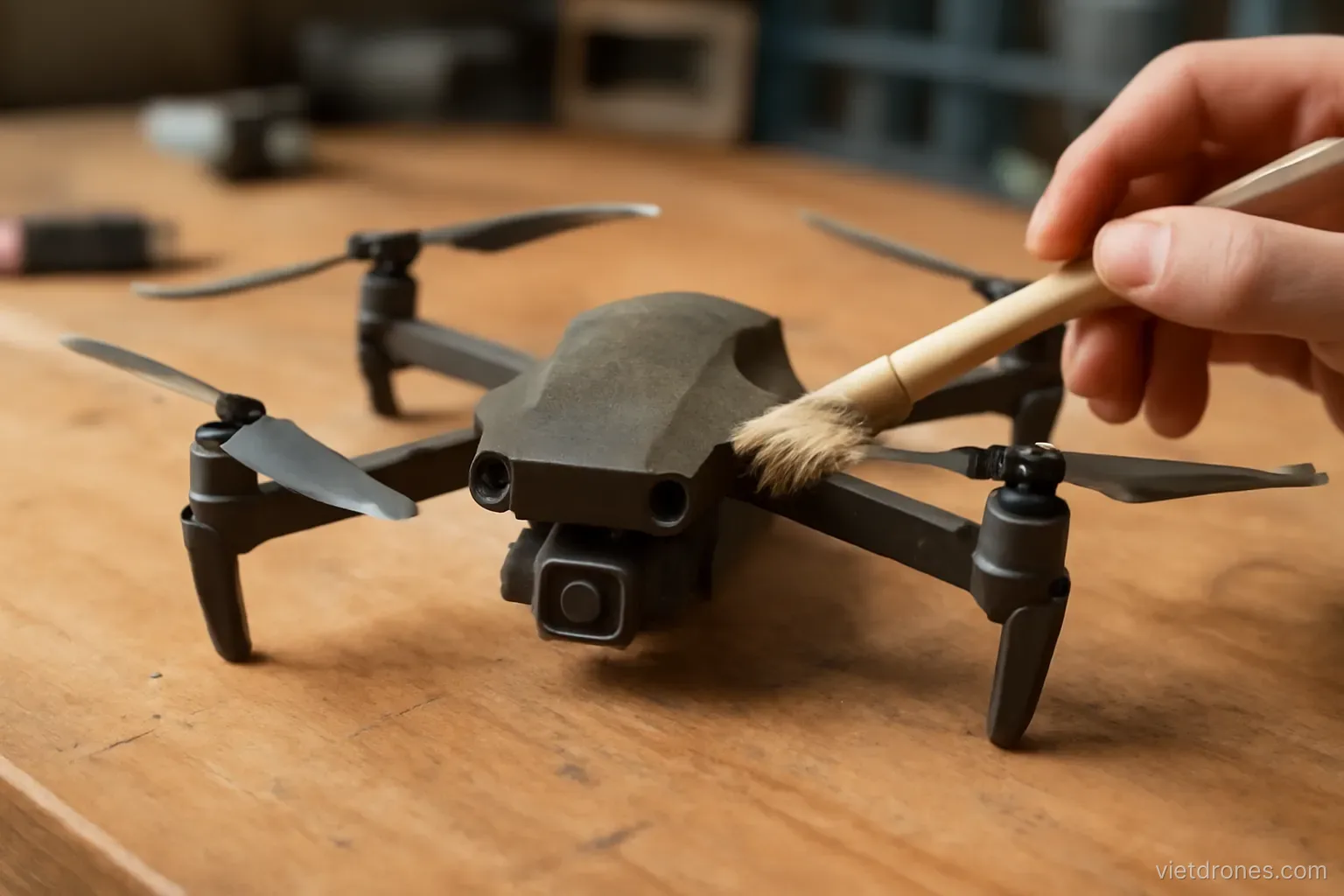 A drone being cleaned with a soft brush on a workbench