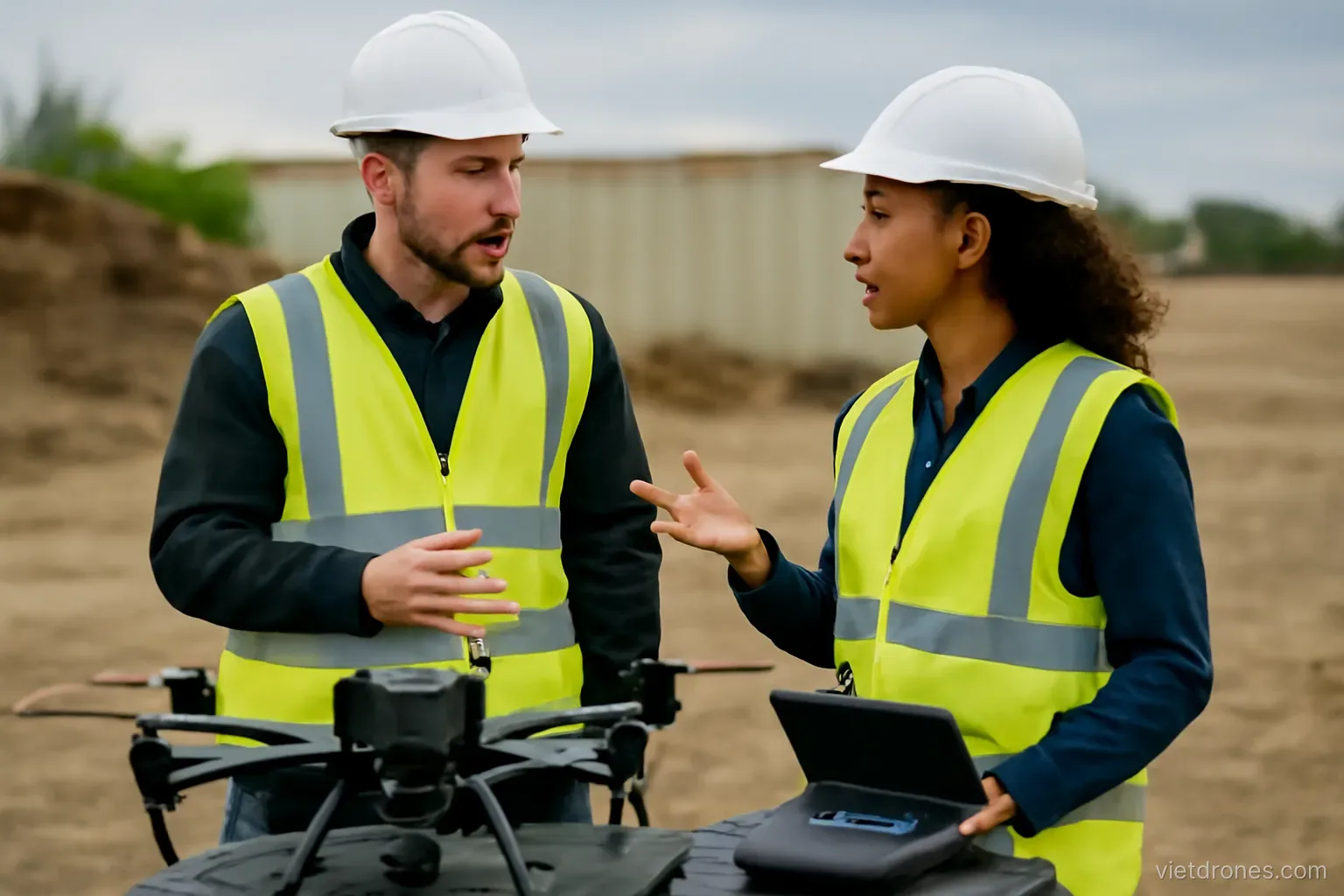A drone operator briefing a colleague on location