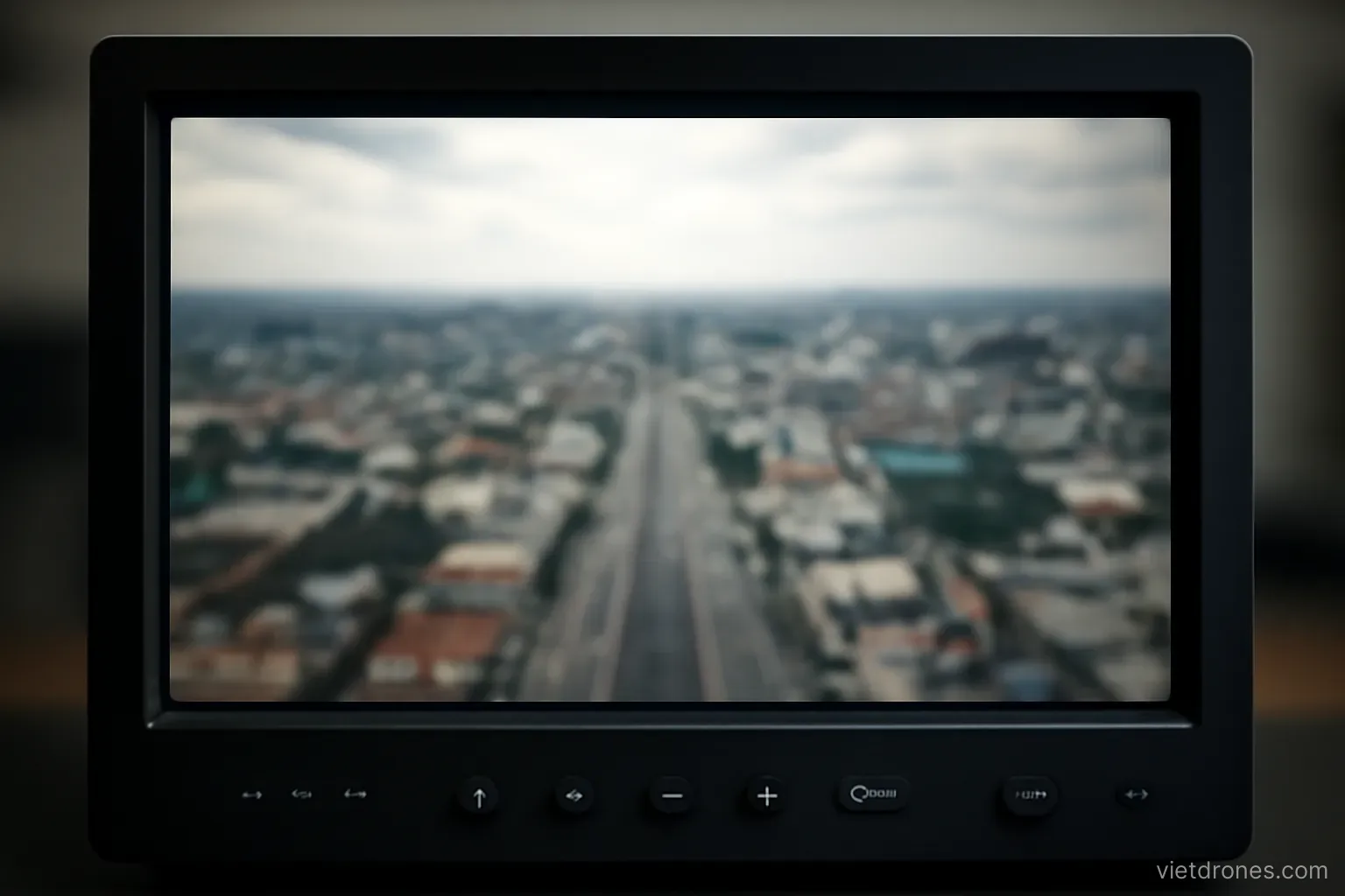 A blurred aerial frame shown on an editing monitor